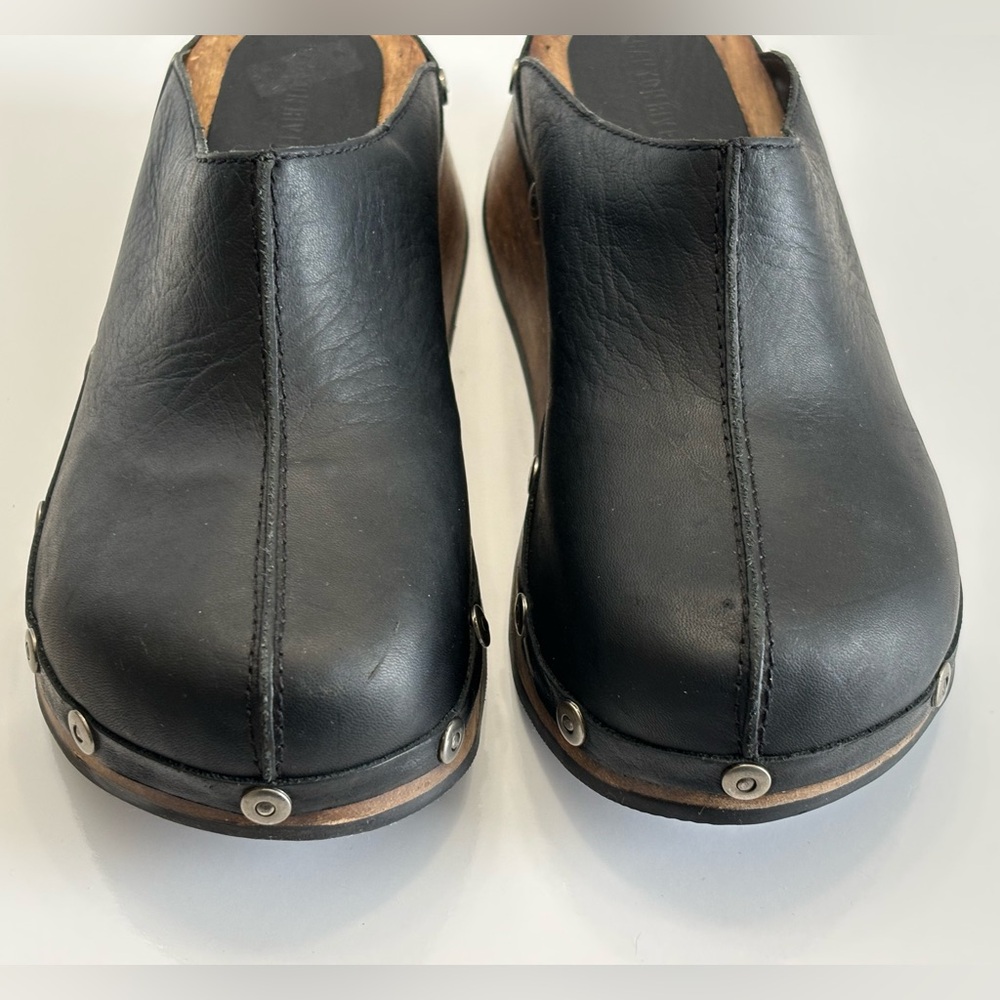 Rare Canyon River Blues Gordon Womens 7M Black Leather Wooden Sole Comfort Clogs - Picture 10 of 16